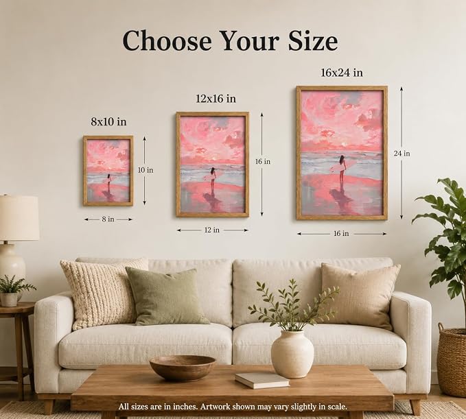 Framed Pink Surfer Girl Canvas Wall Art, Sunset Pink Seascape - Image 5