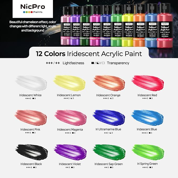 Nicpro 12 Colors Iridescent Acrylic Paint Set, 1 oz/30 ml Chameleon Metallic - Image 6