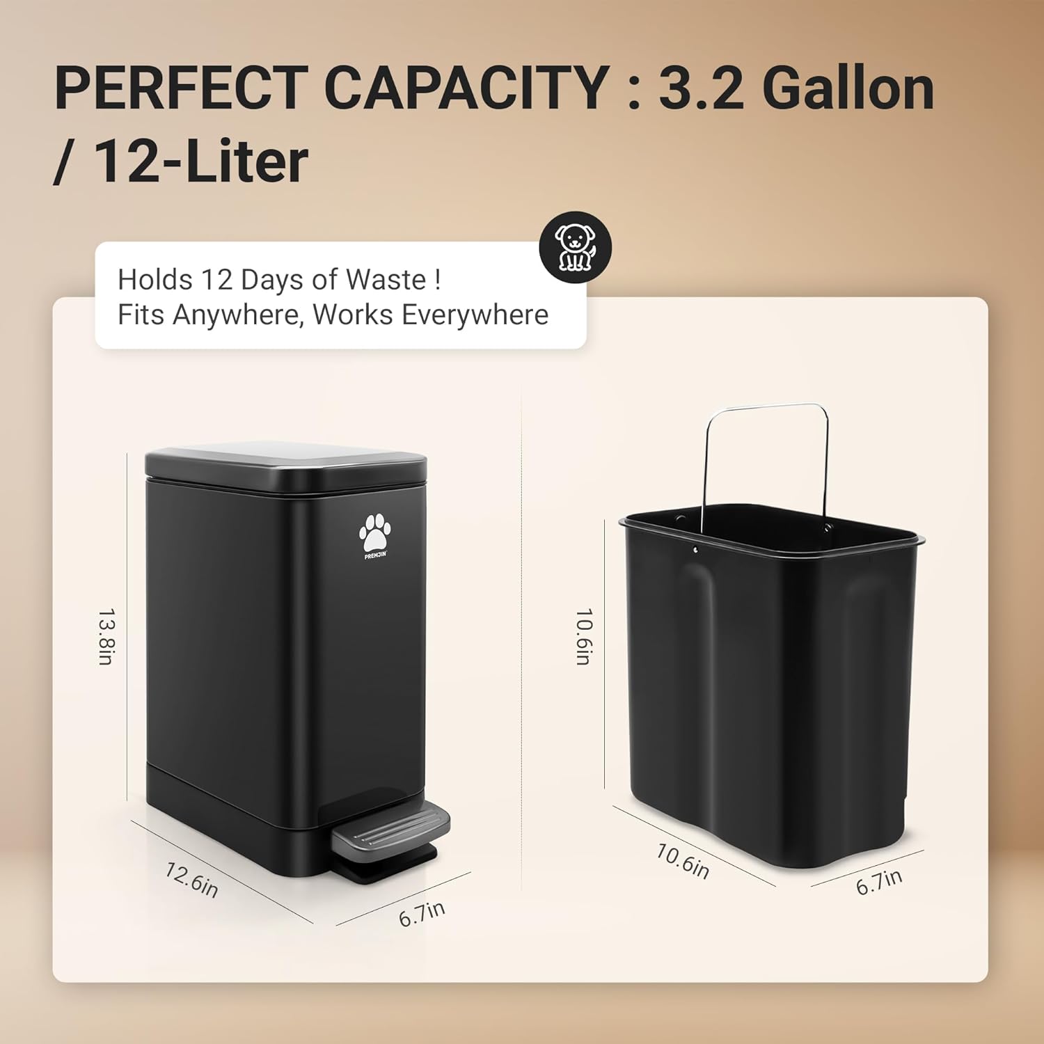 Dog Poop Trash Can Outside with Poop Scooper for Dogs, 12L/3.2Gal Metal Outdoor Garbage Can with Lid Suitable for Small, Medium and Large Dogs (Tungsten Steel)