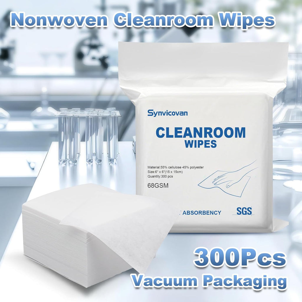 Cleanroom Wipes 6"x6" (300 Pcs, Cellulose/Polyester Blend, Grade A, 68GSM) Lint Free Wipes for Laboratory, Electronics, Pharmaceutical,Printing,Automotives and Semiconductor Industries