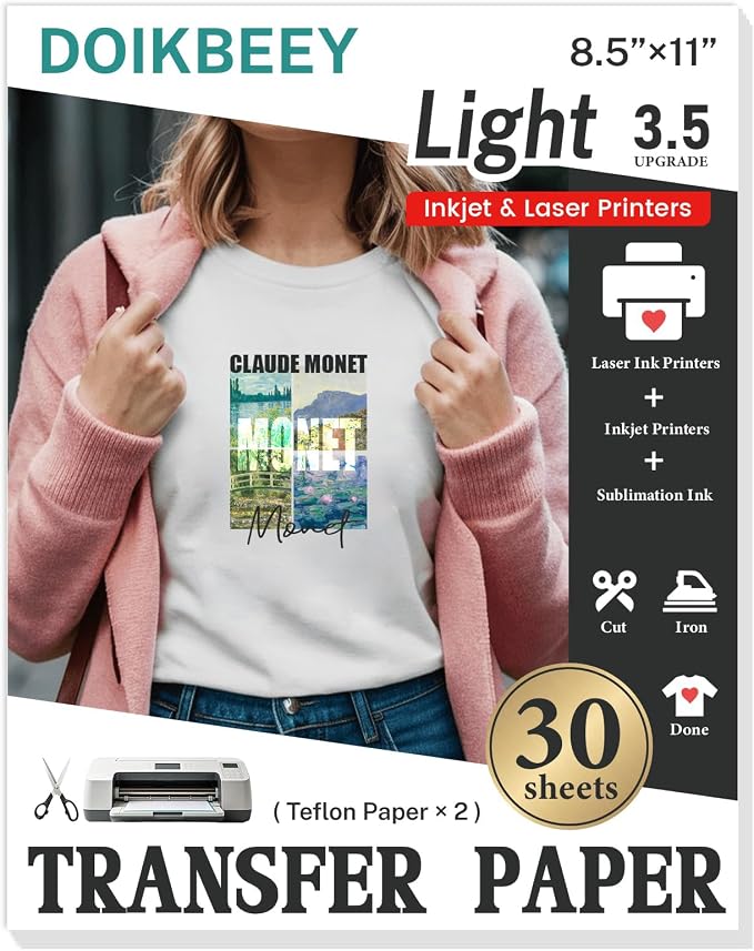Heat Transfer Paper 30 Sheets, 8.5" X 11" Light Iron On Transfer Paper | by DOIKBEEY
