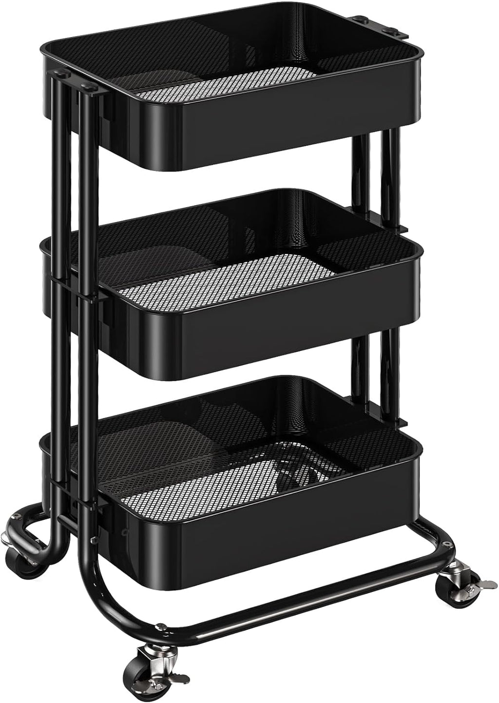 Pipishell 3 Tier Metal Rolling Utility Cart, Heavy-Duty Storage Rolling Cart with 2 Lockable Wheels, Multifunctional Mesh Organization Utility Cart for Kitchen Dining Room Living Room (Black)
