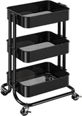 Pipishell 3 Tier Metal Rolling Utility Cart, Heavy-Duty Storage Rolling Cart with 2 Lockable Wheels, Multifunctional Mesh Organization Utility Cart for Kitchen Dining Room Living Room (Black)