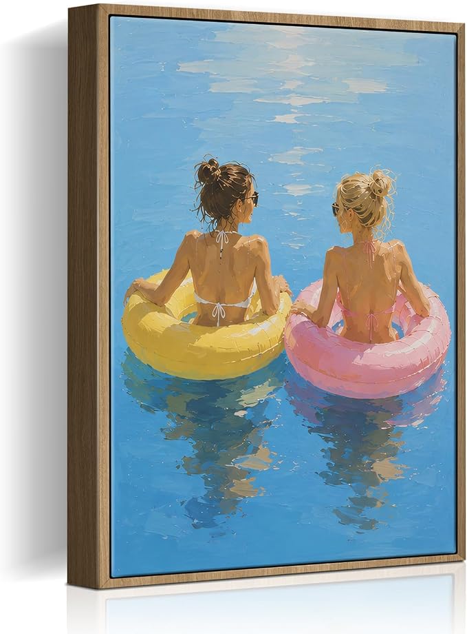 Framed Pastel Beach Float Wall Art Two Women in Colorful Swim Rings on Calm by HomeifHue