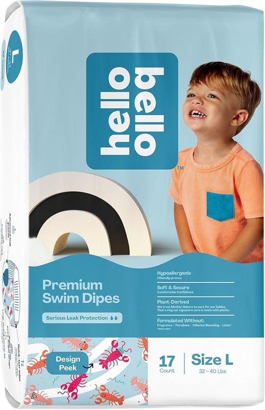 Hello Bello Premium Swim Diapers - Size L (32-40 lbs), Cute Extra-Bright Lobster Designs, 17 Count Jumbo Pack
