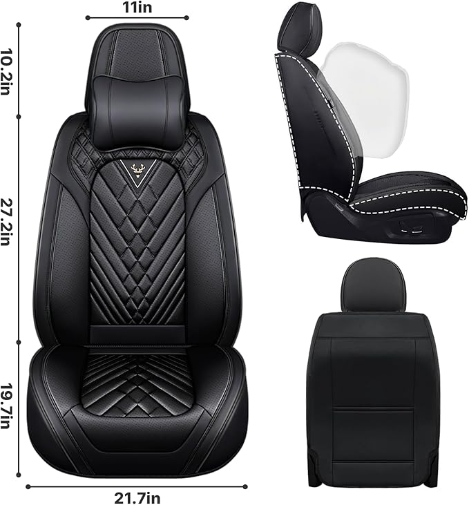 Car Seat Cover Full Set, Waterproof Leather Seat Cover,Front Auto Seat Cover, Car Seat Cushion, Full Coverage Car Seat Protector Universal Fit Most Cars (2 Seat-Headrest,Black)