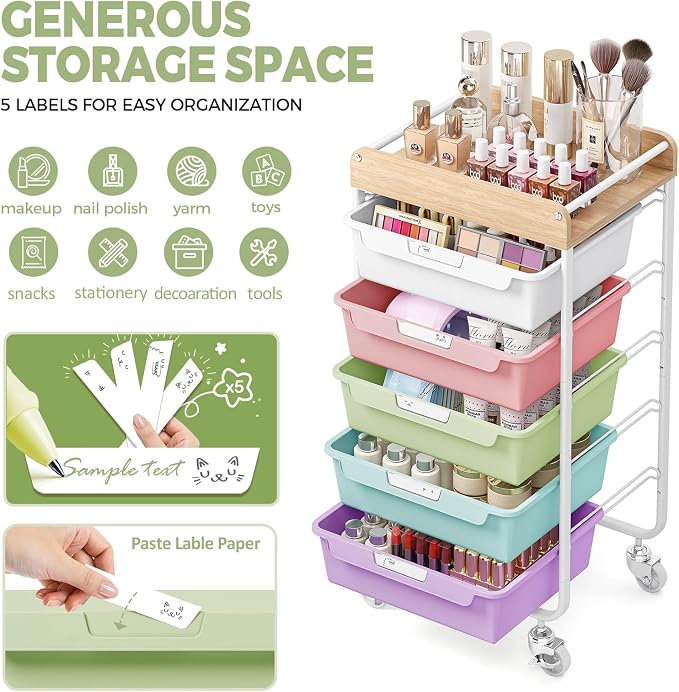 SYKIARIOL Utility Cart with 5 Labeling Drawers and Wooden Tabletop – Rolling - Image 5