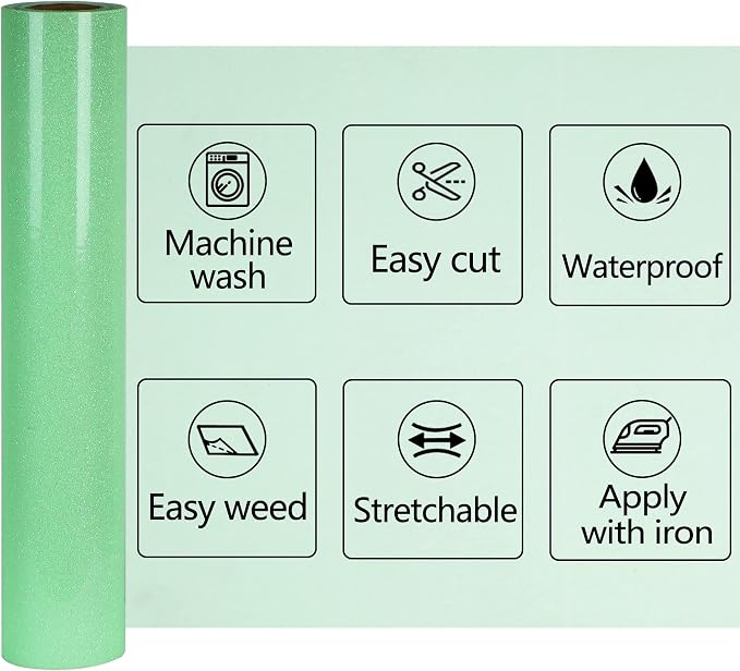 Light Green Glitter HTV Heat Transfer Vinyl Rolls12inch by 9feet PU Stretch - Image 2