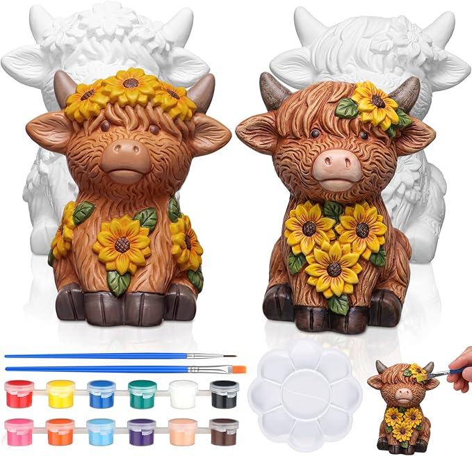 Hollowfly 2 Pack Ready to Paint Your Own Sunflower Highland Cow Statue Spring by Hollowfly