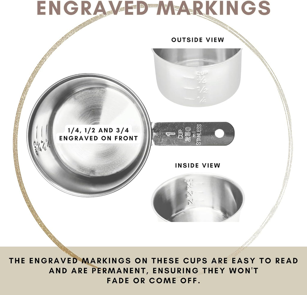 1 Cup Stainless Steel Measuring Cup | Sturdy Metal 250 ml | 240 cc | 8 oz | Single Cup for Wet and Dry Ingredients | Great for use as 1 Cup Dog Food Scoop - 12 PK