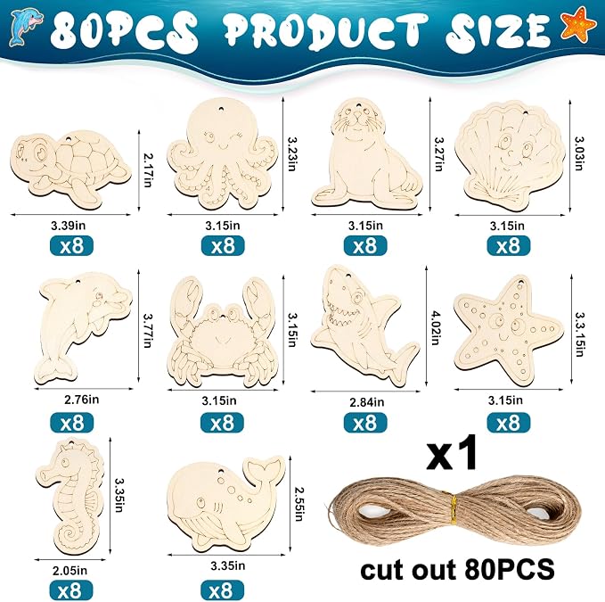 80PCS Unfinished Ornament Wood Crafts, Painting Blank Wooden Cutouts | DIY 10 - Image 2