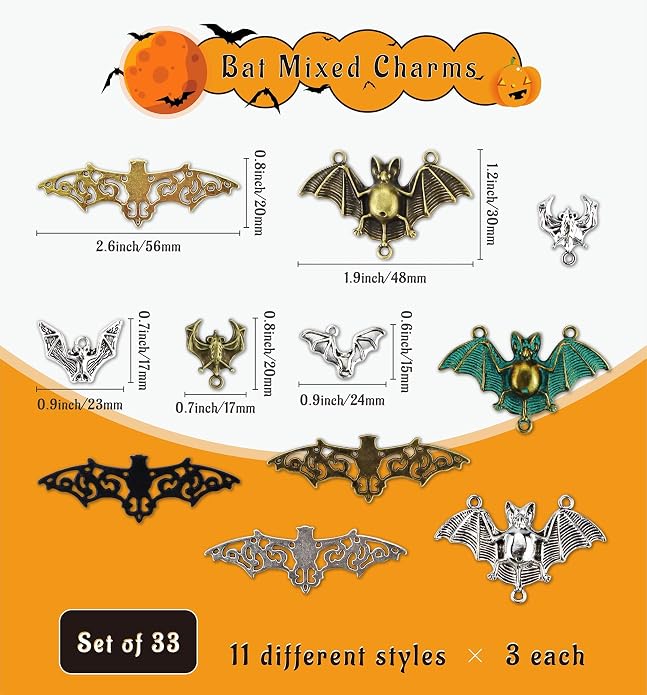 JIALEEY 33PCS Bat Charms Mixed Halloween Spooky Flittermouse Flying Vampire Bat - Image 2