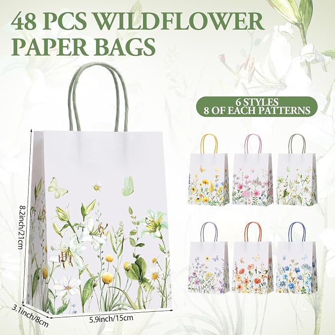 Gaillty 48 Pcs Wildflower Paper Gift Bags 6 Styles, Floral Goodie Bags - Image 2