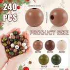 Whaline 240Pcs Christmas Wooden Beads Brown Green Beige Round Loose Bead - Image 2