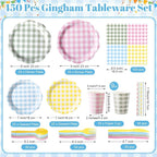 450 Pcs Gingham Tableware Set Decorations Pastel Plaid Paper Plates Napkins - Image 2