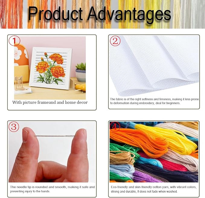Marigold Cross Stitch Kits for Beginner, Flowers Stamped Cross Stitch Kits - Image 4