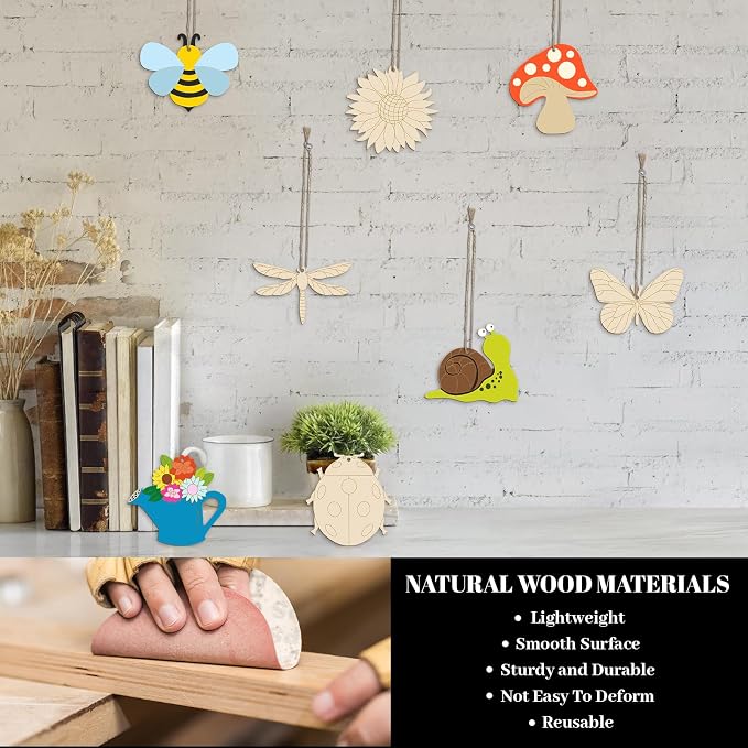 Subacy 80 PCS Unfinished Wood Cutouts 8 Styles DIY Wooden Spring Ornaments - Image 5
