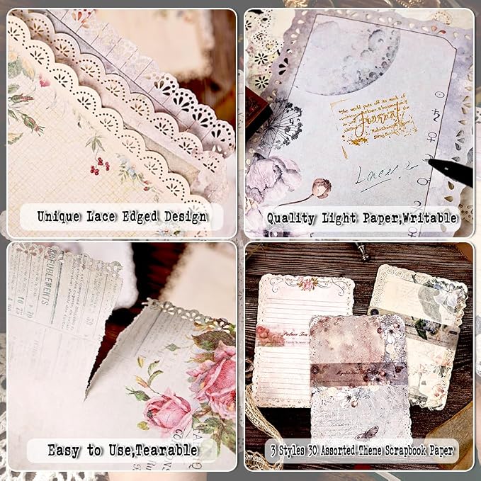 30 Sheets Lace Edged Vintage Scrapbook Paper, Scrapbooking, Stationery Letter - Image 3