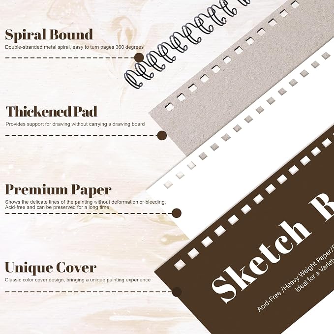 4 Pack Sketch Book, 9 x 12 Inch Sketchbook, 68lb/100gsm Top Spiral Bound Sketch - Image 3