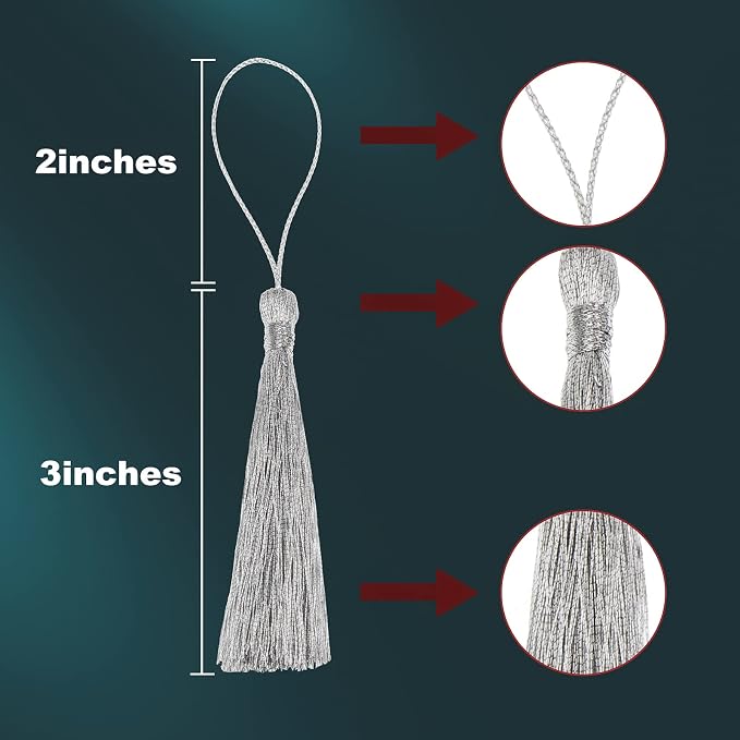 VAPKER 100Pcs Metallic Silver Thread Tassels 13cm/5 Inch Bookmark Tassels Mini - Image 2