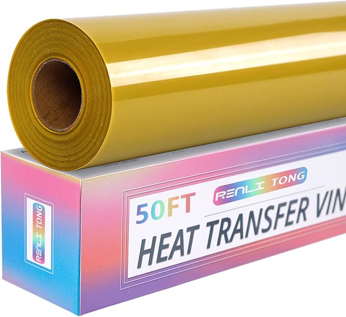 RENLITONG Gold Iron on Vinyl 12Inch by 50ft Roll Heat Transfer Vinyl by RENLITONG