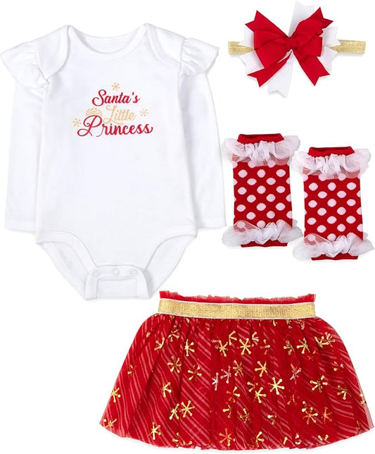 Baby Girl Holiday Outfit 4-Piece Set – Long Sleeve Bodysuit, Pants, Tutu Skirt & Headband – Halloween, Thanksgiving