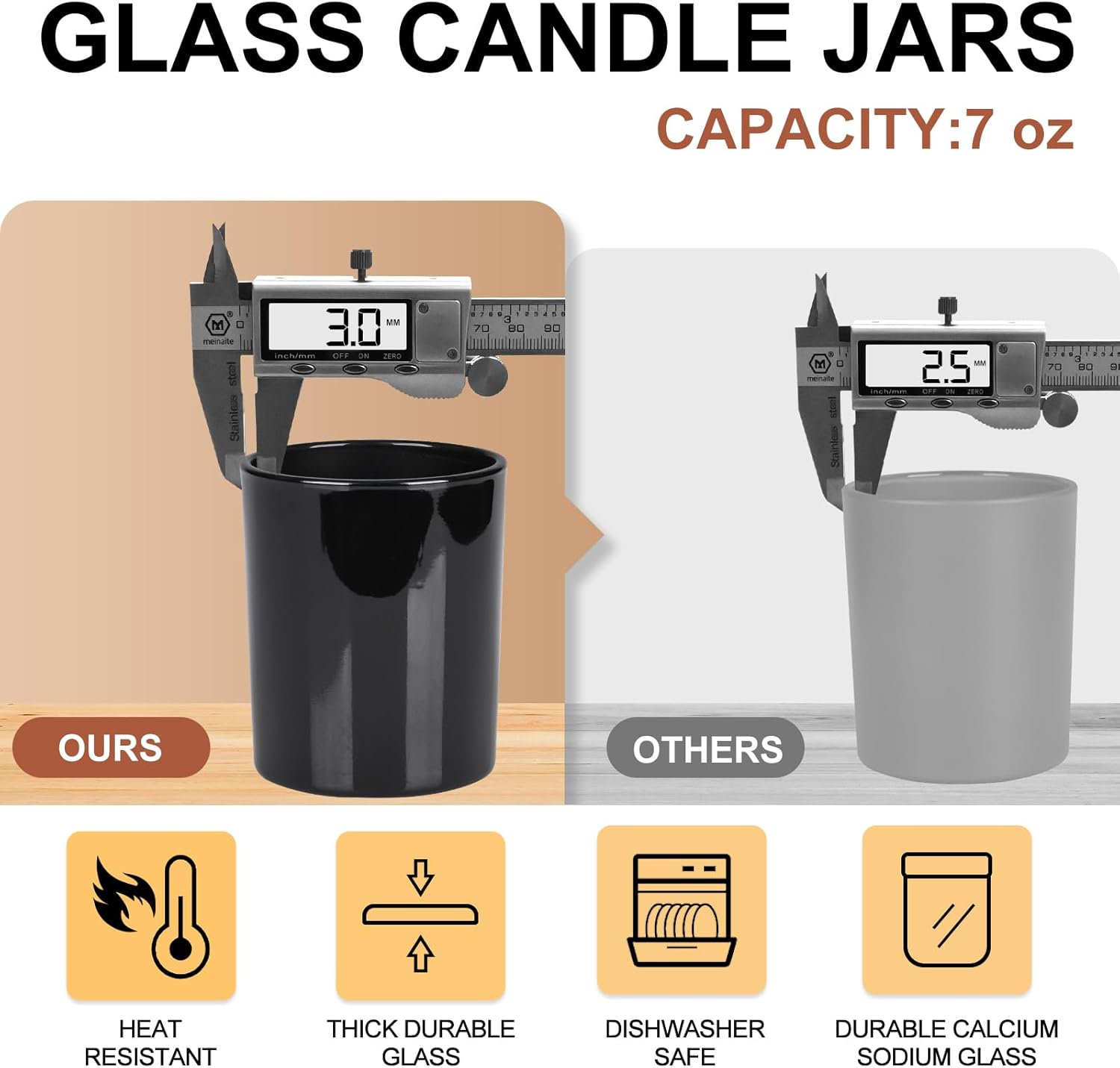 Thick Candle Jars for Making Candles 12 Pcs, 7 OZ Empty Jars with Wood Lids for Candle Making, Sample Container, Light Black