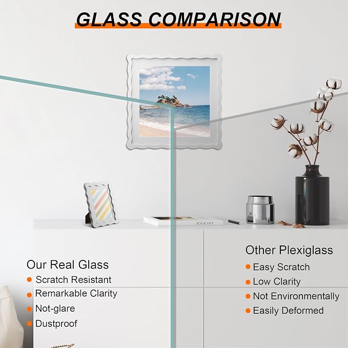 6x6 Picture Frame with Mat for 4x4, Wavy Edge Wooden Real Glass Photo Frame for - Image 2
