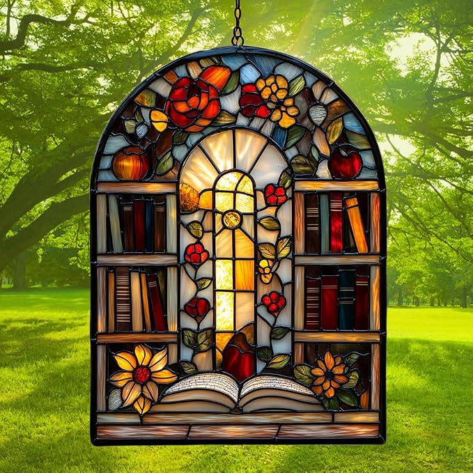 Antique Library Bookshelf Acrylic Suncatcher Stained Glass Effect Window Car - Image 3