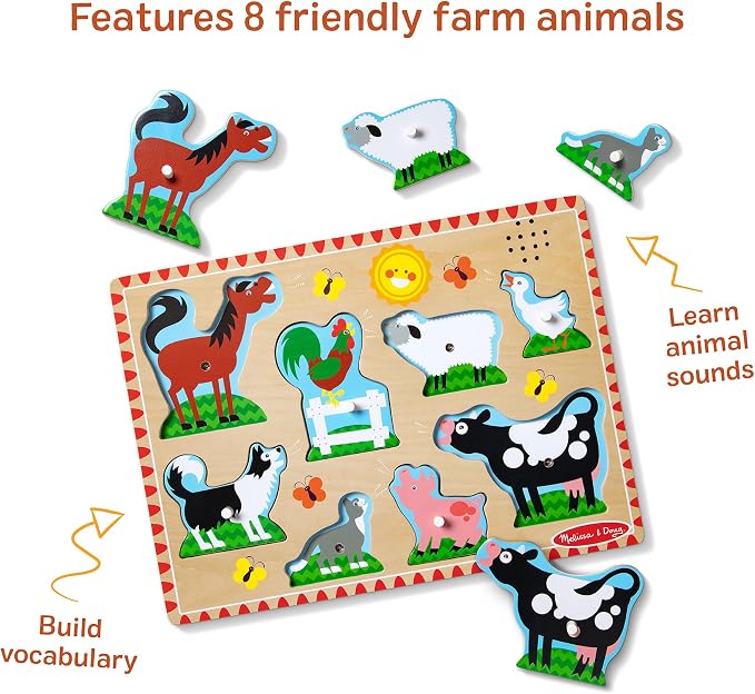 Melissa & Doug Farm Animals Sound Puzzle – 8-Piece Wooden Peg Puzzle - Image 5