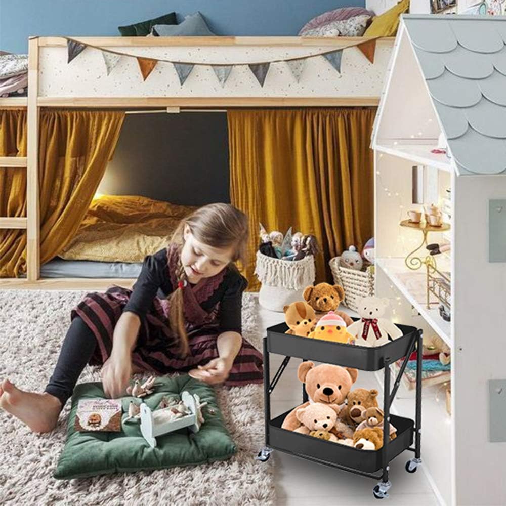 2-Tier Metal Folding Rolling Cart, Mobile Utility Cart Trolley Storage Organizer for Office Home Kitchen Organization, Sofa Side End Table with Wheels, Black