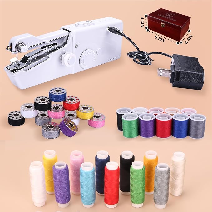 Handheld Sewing Machine, with Elegant Wooden Sewing Box and 153-Piece Sewing Kit - Image 3