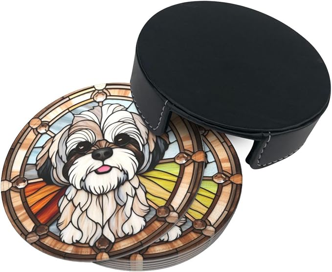 Drink Coaster Set of 6, Shih Tzu Dog Mom Lover Gift, Leather Drink Coasters - Image 5