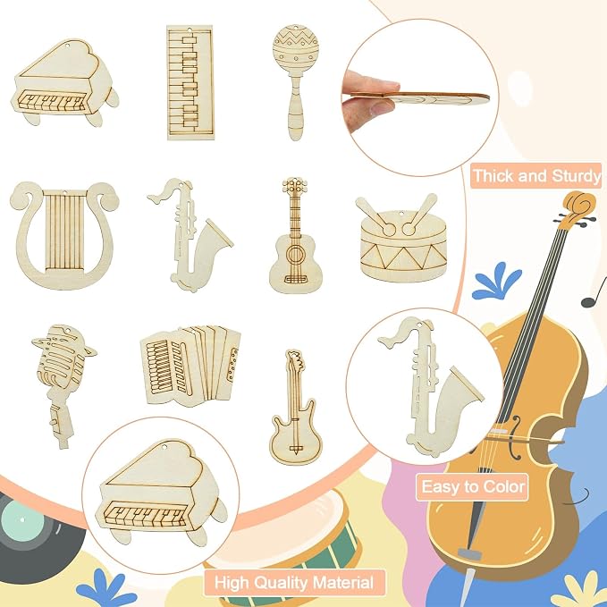 30 pcs Mixed Styles Musical Instrument Theme Unfinished Wooden Cutout Charms - Image 3