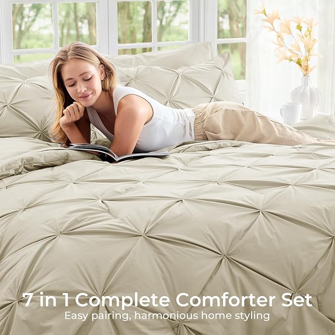 Sasttie King Size Comforter Set, 7-Piece Bed in a Bag, Pintuck Bedding Set - Image 6