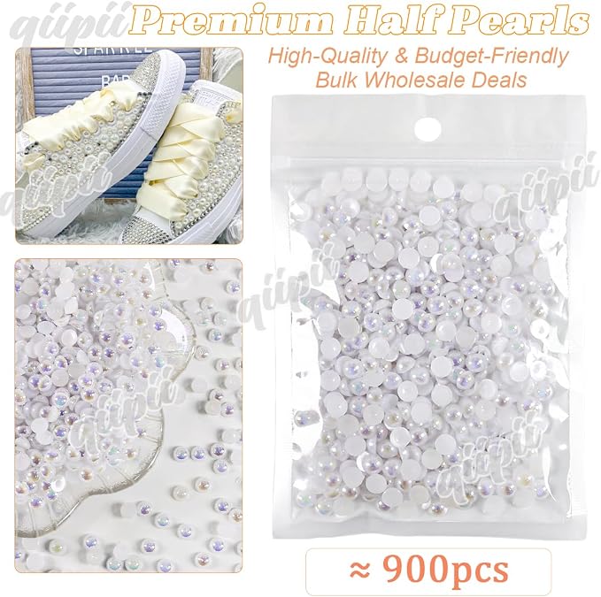 qiipii 900PCS 6mm White AB Round Half Round Pearls - Image 2