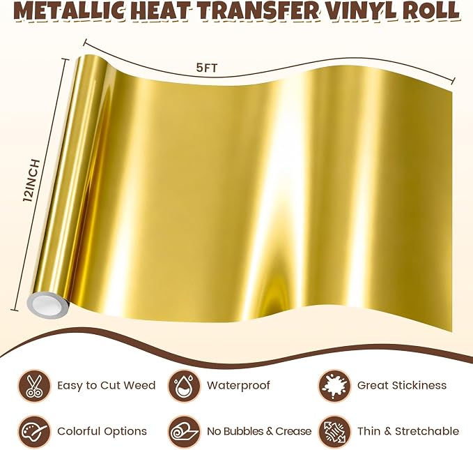 Metallic Heat Transfer Vinyl Roll 12" x 5ft Chrome Gold Iron on Vinly, Soft - Image 6