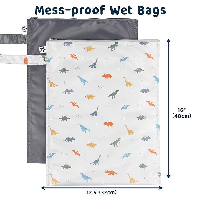 Tiny Twinkle Wet Dry Bag – 2 Pack Reusable Waterproof & Mess Proof Wet Bags for Swimsuits & Travel, Baby Towels & Beach Essentials,a Diaper Bag Must-Have(Dinosaur)