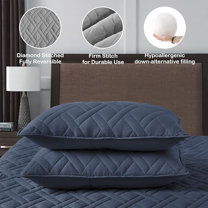 HORIMOTE HOME Quilt Set Twin Size Navy Blue, Classic Geometric Diamond Stitched - Image 4