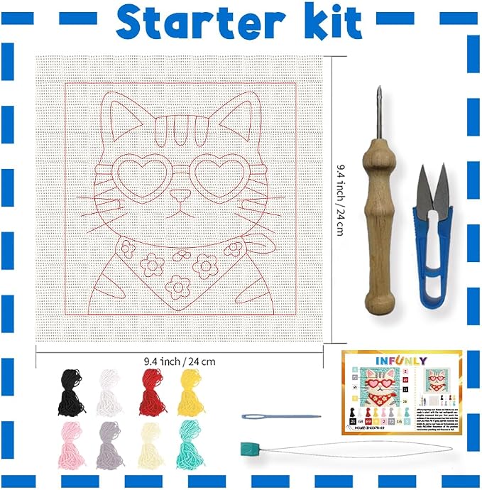 INFUNLY Cool Cat Punch Needle Kit Heart Cat DIY Embroidery Punch Needle Set - Image 2