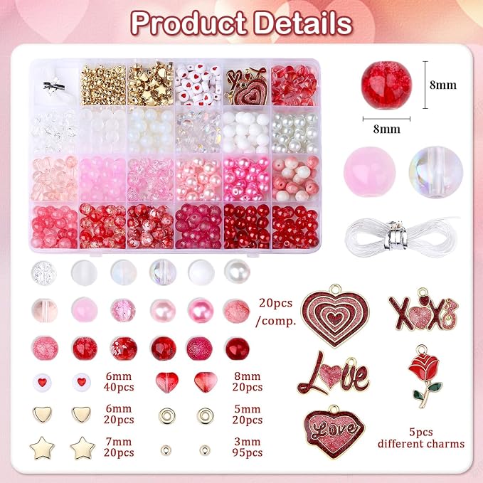 DUQGUHO Valentine's Day Beads for Jewelry Making, 8mm Red Pink White Glass - Image 5