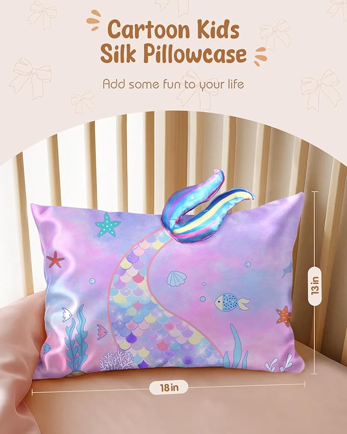 Toddler Pillowcases 13"x18" for Kids - Cute Cartoon Soft Breathable Silk Pillow Cases for Hair and Skin with Hidden Zipper for Girls Fun Kawaii Design for Bedding, Fish Tail