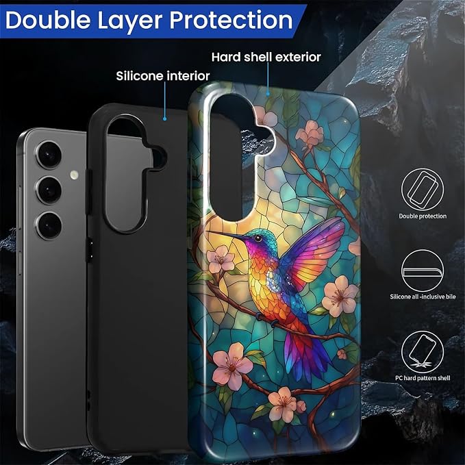 for Samsung Galaxy S24 Case, Stained Glass Hummingbird Pattern Glossy 2 in 1 - Image 3