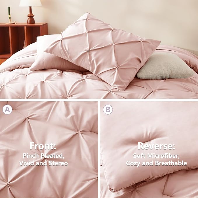 HIMEET Pintuck Bed in a Bag, 7 Pieces Full Size Comforter Set Blush Pink - Image 3