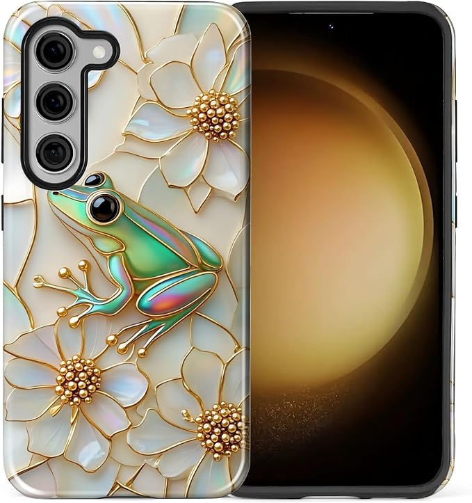 for Samsung Galaxy S23 Case, Stained Glass Frog Flowers Pattern Glossy 2 in 1 - Image 2