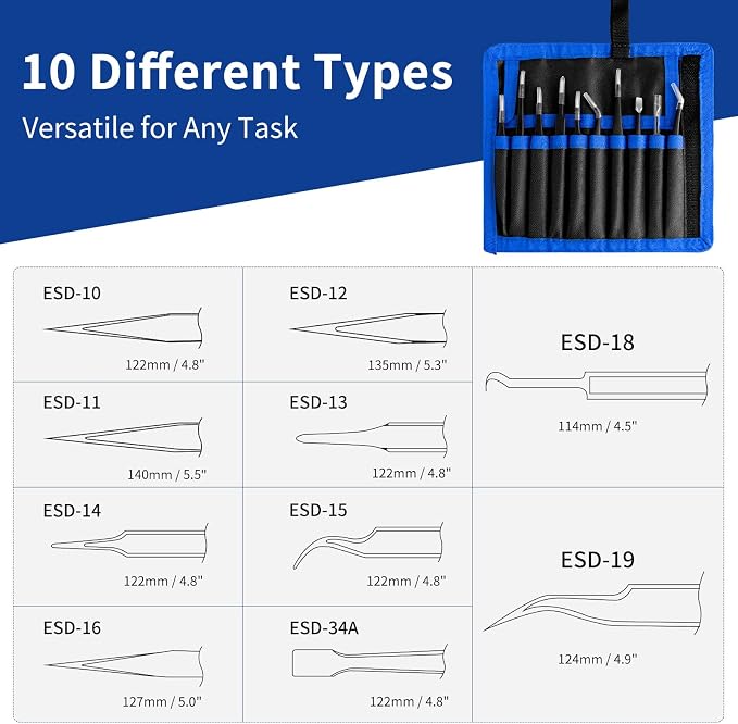 XOOL 10 PCS ESD Precision Tweezers Set, Anti-Static Stainless Steel Tweezers Kit - Image 2