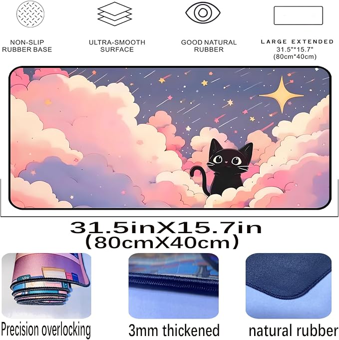 Anime Desk Mat, Cute Black Cat Game Mousepad, Full Deskmat, Extended Computer - Image 2