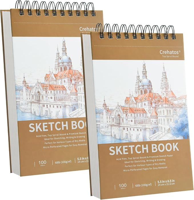 Crehatos 5.5" x 8.5" Small Sketch Book, Top Spiral Bound Sketch Pad, 100 Sheets by Crehatos