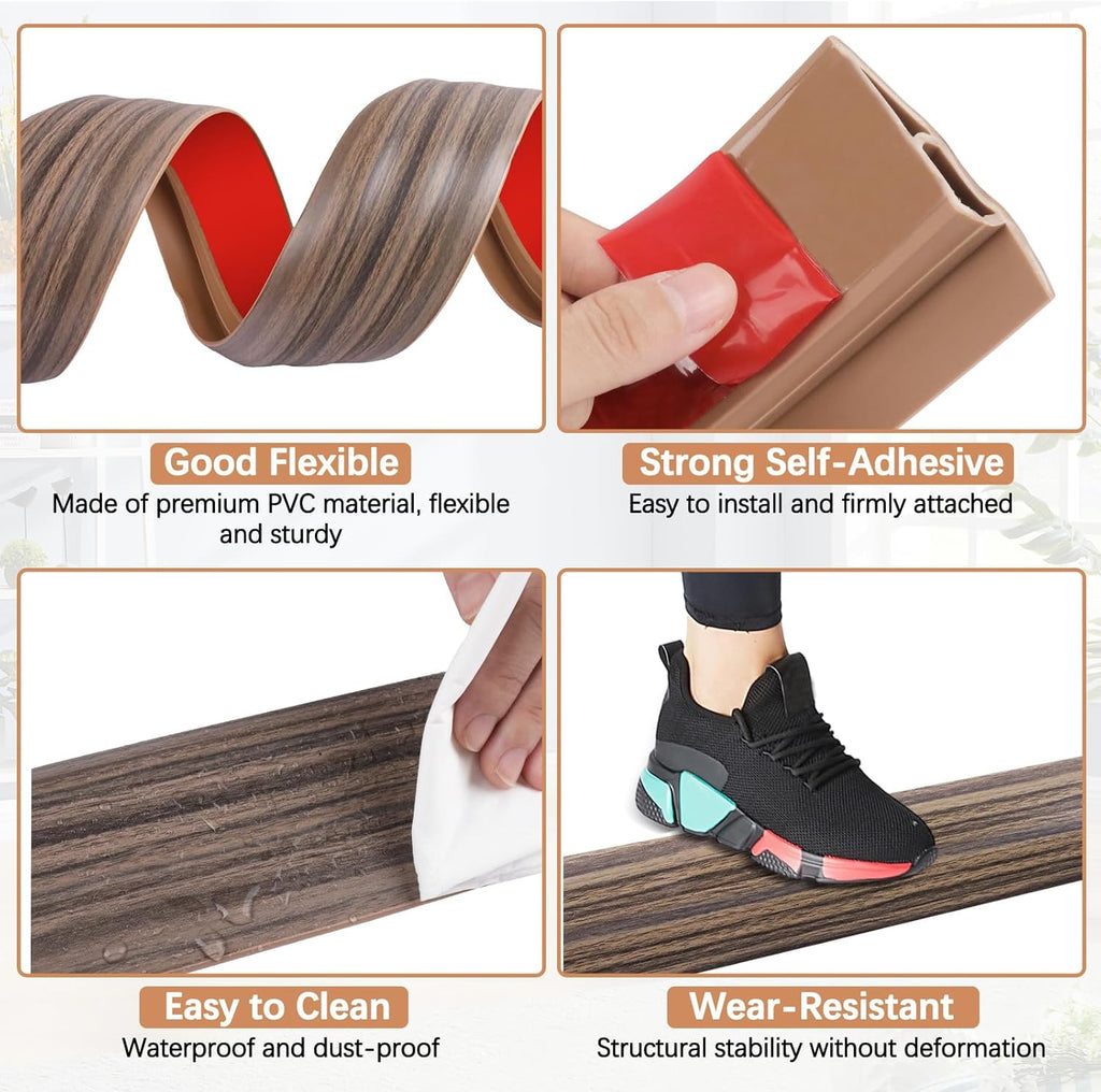 Vinyl Door Threshold Flooring Transition Strip Self Adhesive Carpet Edging Strip for Laminate Doorway Edge Threshold from 3/5" to 4/5" (Grayish Brown Wood Grain, 10 Ft)