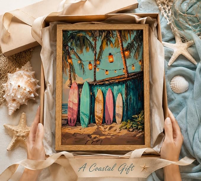 Framed Vintage Surfboard Canvas Wall Art, Tropical Palm Trees Painting Picture - Image 8